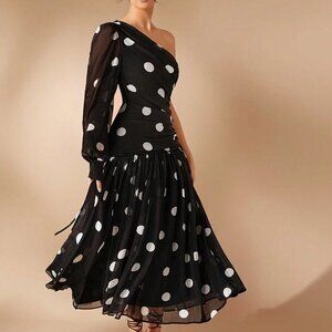 Black And White Elegant Women's Polka Dot One Shoulder Long Sleeve Maxi Dress